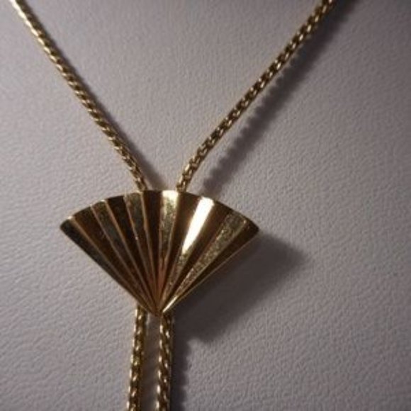 "Gold Tone Fan Lariat Necklace " - Picture 2 of 8